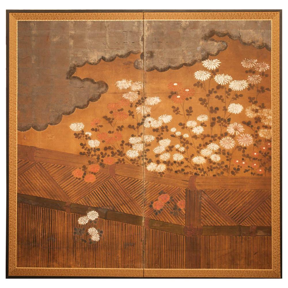 Japanese Two-Panel Screen Chrysanthemums Over a Woven Reed Fence