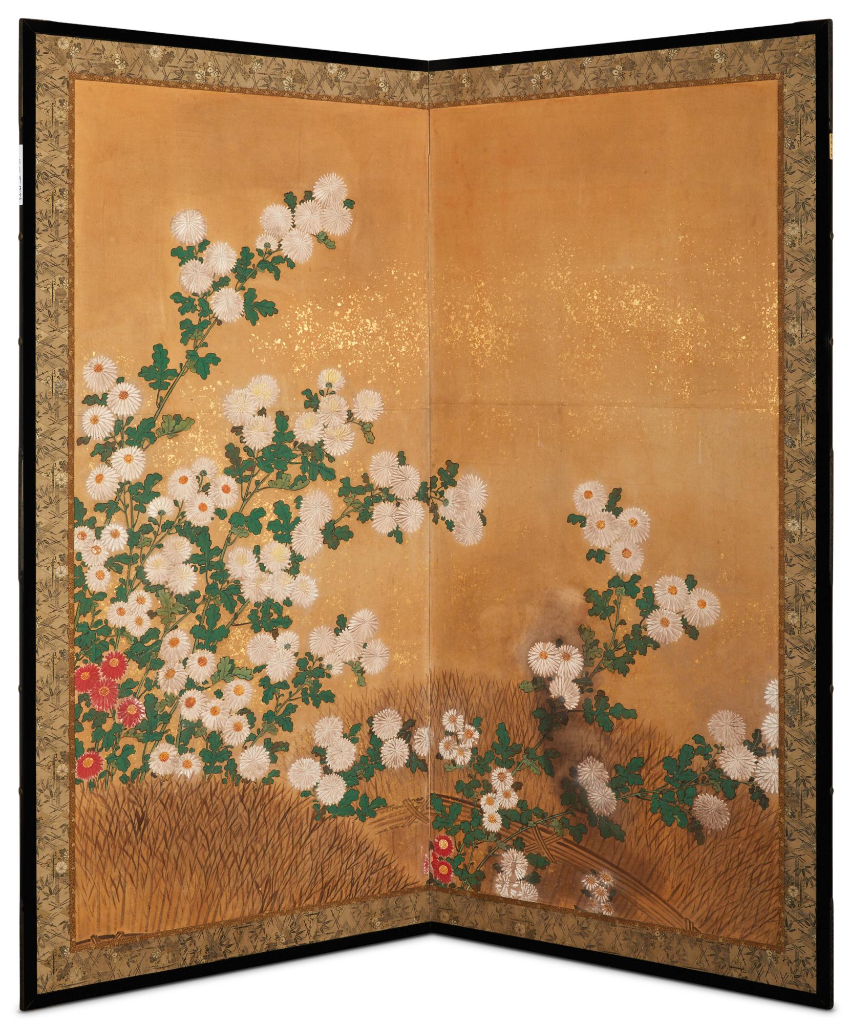 Paravent japonais à deux panneaux : Chrysanthèmes sur une clôture de branchages en vente 4