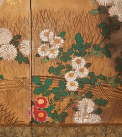 Japanese Two Panel Screen: Chrysanthemums Over Twig Fence