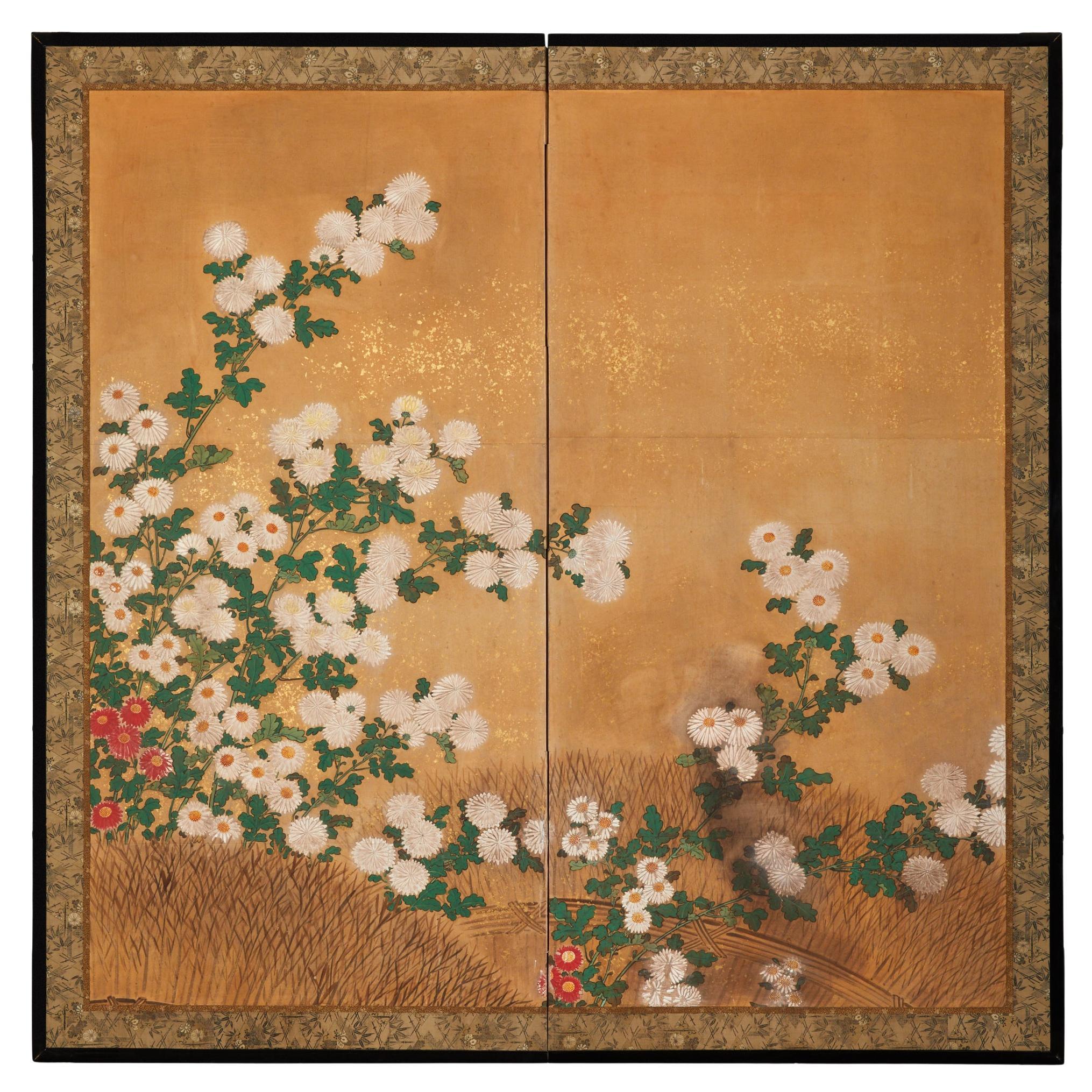 Japanese Two Panel Screen: Chrysanthemums Over Twig Fence