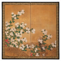 Japanese Two Panel Screen: Chrysanthemums Over Twig Fence