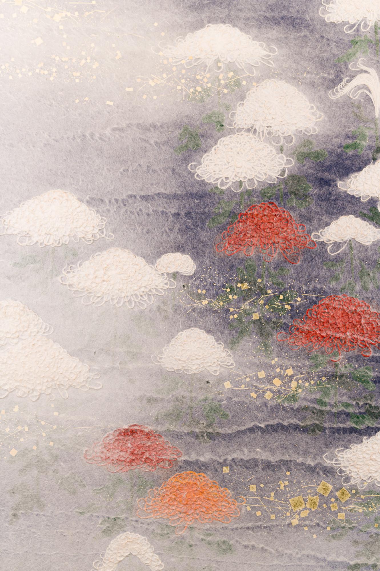 Japanese two panel screen: Chrysanthemums Through the Mist Obara Paper Art Screen. Surreal and masterful rendering of chrysanthemums cloaked in mist that varies in opacity made entirely of carefully arranged mulberry paper fibers in a Japanese art