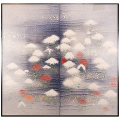 Used Japanese Two Panel Screen Chrysanthemums Through the Mist Obara Art Screen