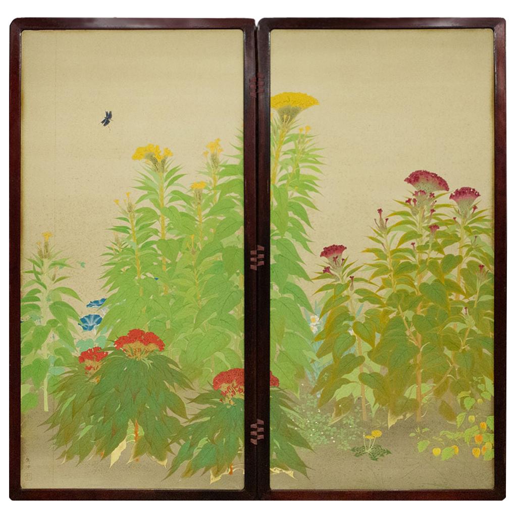 Japanese Two-Panel Screen, Cockscomb and Morning Glories For Sale