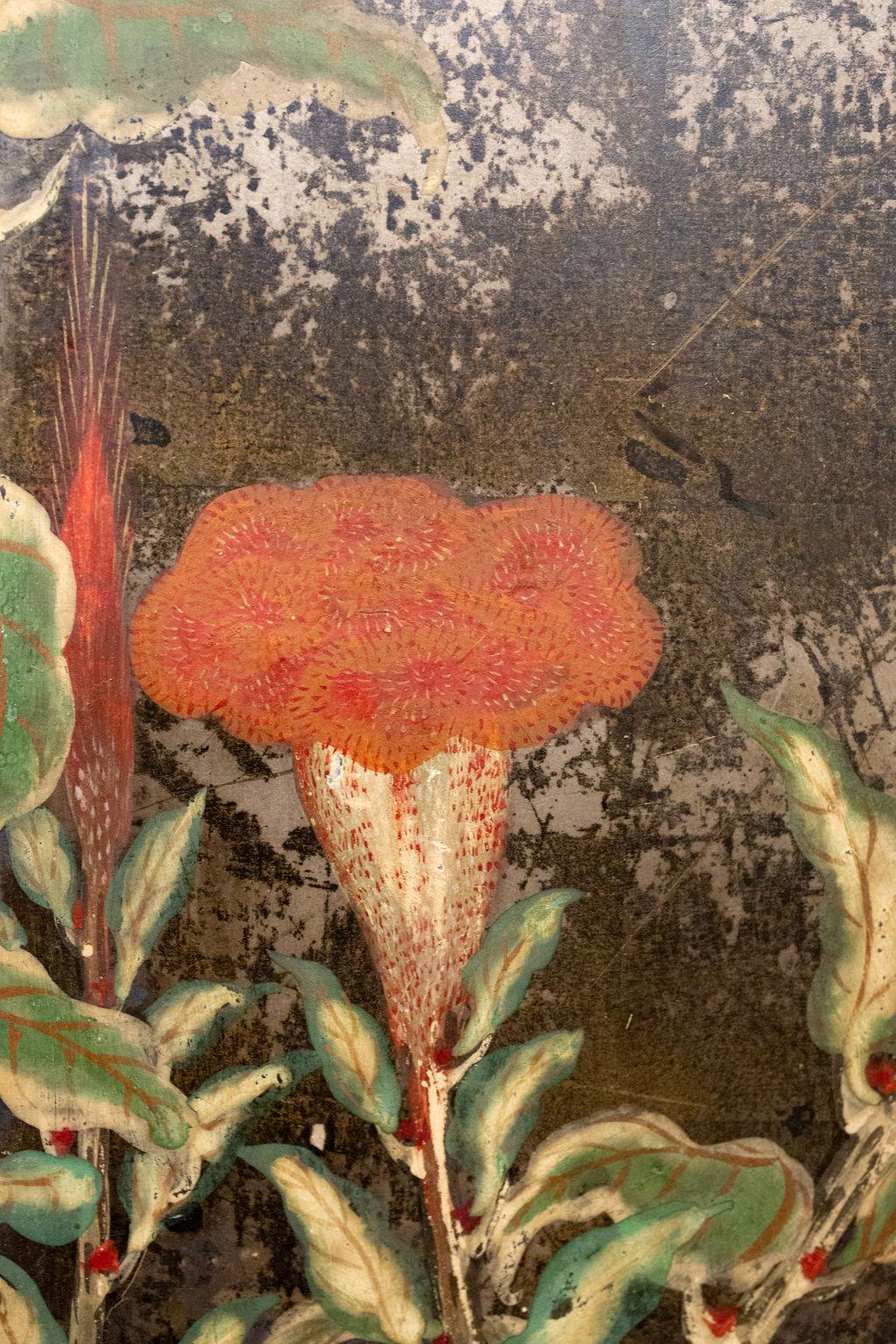 Evening perspective of spring flowers in bloom. Mineral pigments on silver with a silk brocade border.