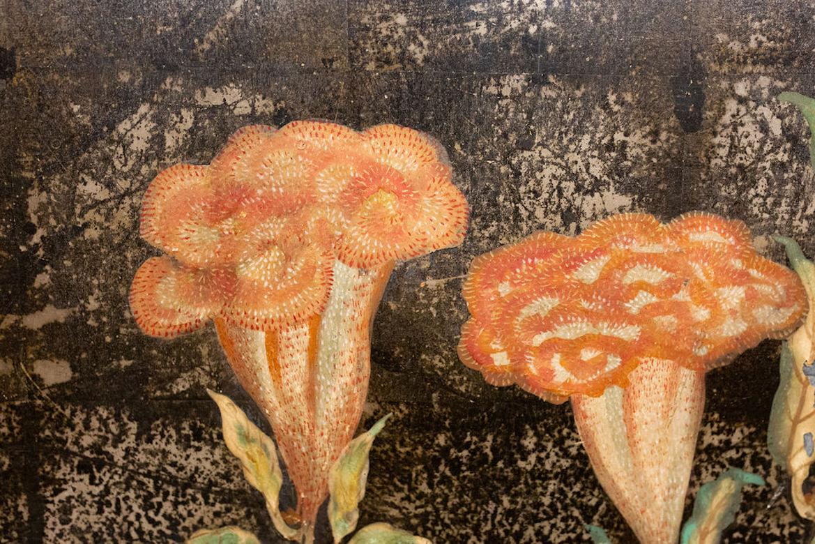 Early 20th Century Japanese Two Panel Screen Cockscomb Flowers at Night