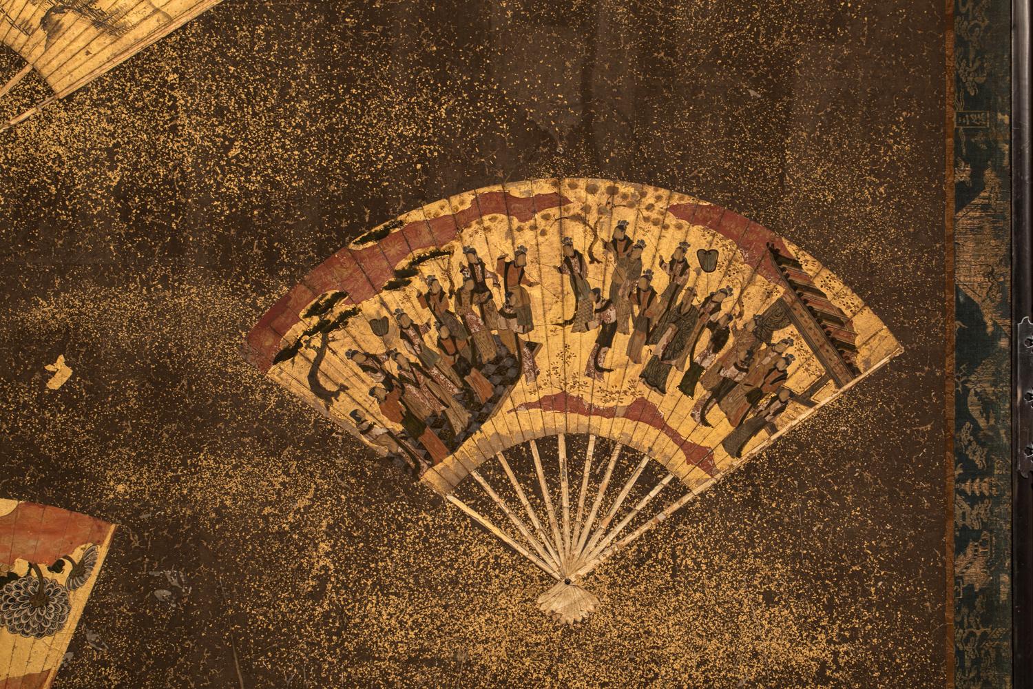 Silk 18th Century Japanese Two-Panel Screen Collection of Fans on Gold For Sale
