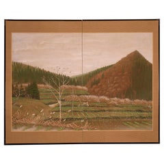Japanese Two Panel Screen: Country Farm