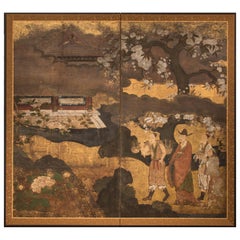 Japanese Two-Panel Screen "Court Figures in a Garden"