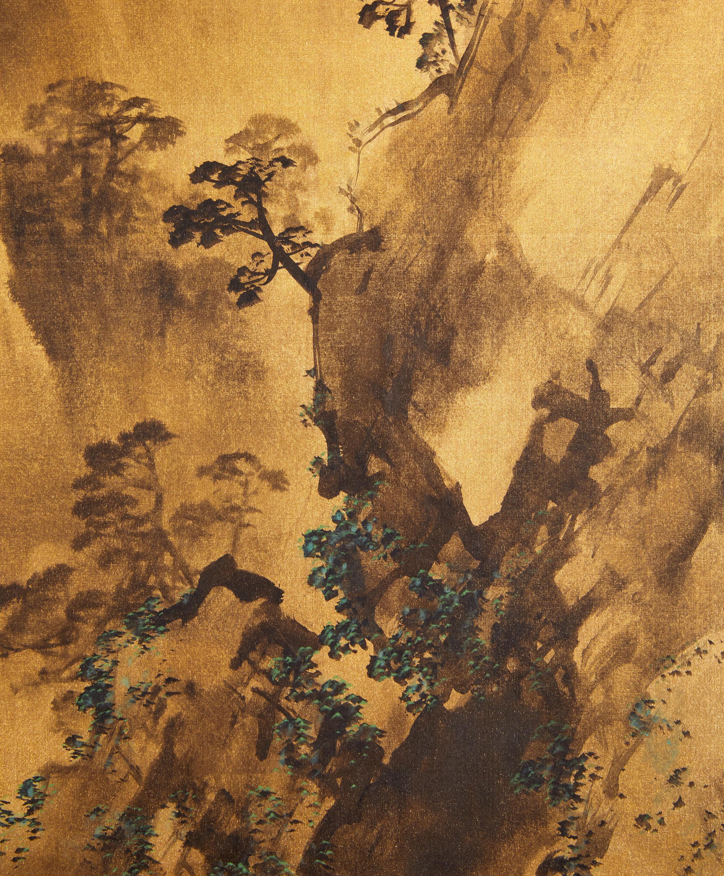 Dramatic Mountain landscape with gnarled pines. Signature reads: Shunsen. Ink painting on gold silk with silk brocade border.