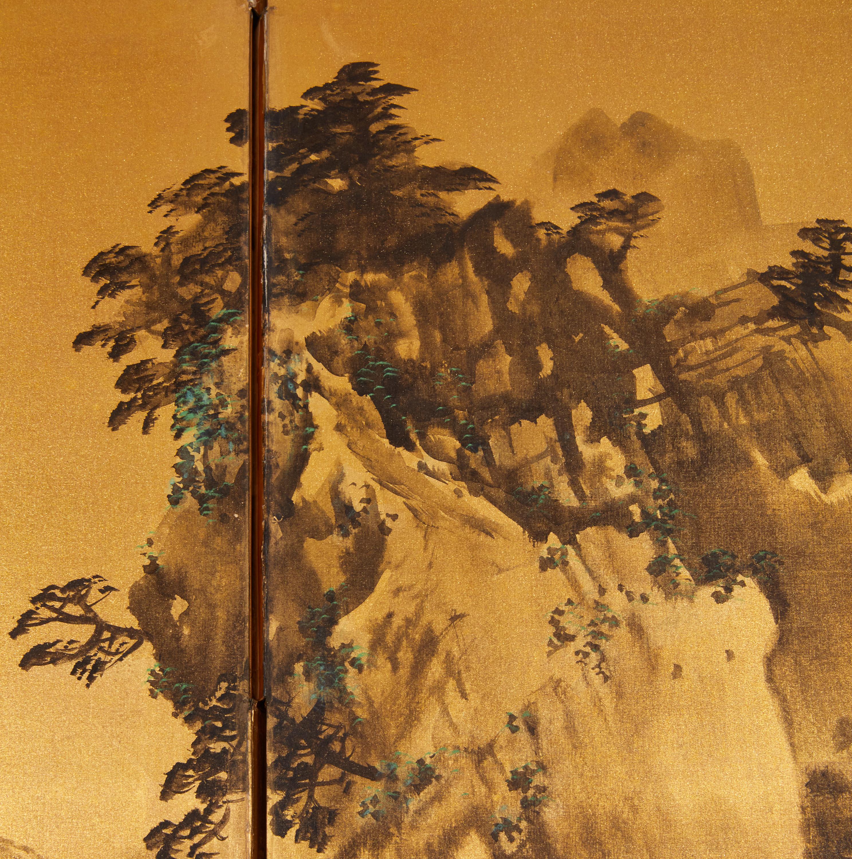 20th Century Japanese Two Panel Screen: Craggy Landscape on Gold Sil For Sale