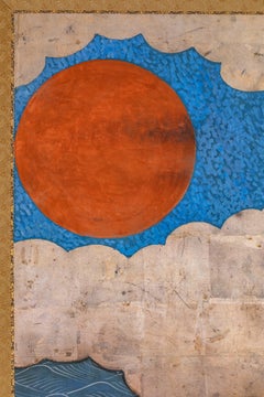 Japanese Two Panel Screen: Cranes Beneath an Orange Sun