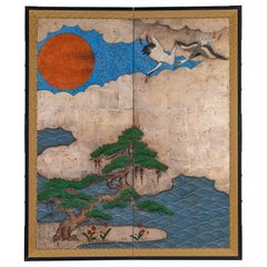 Japanese Two Panel Screen: Cranes Beneath an Orange Sun