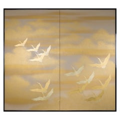 Japanese Two Panel Screen Cranes in Flight over Golden Clouds on Paper