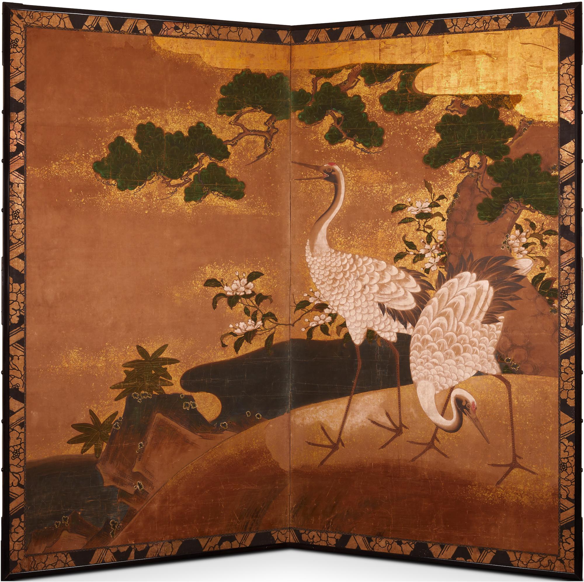 Japanese Two-Panel Screen: Cranes on Gold For Sale 6