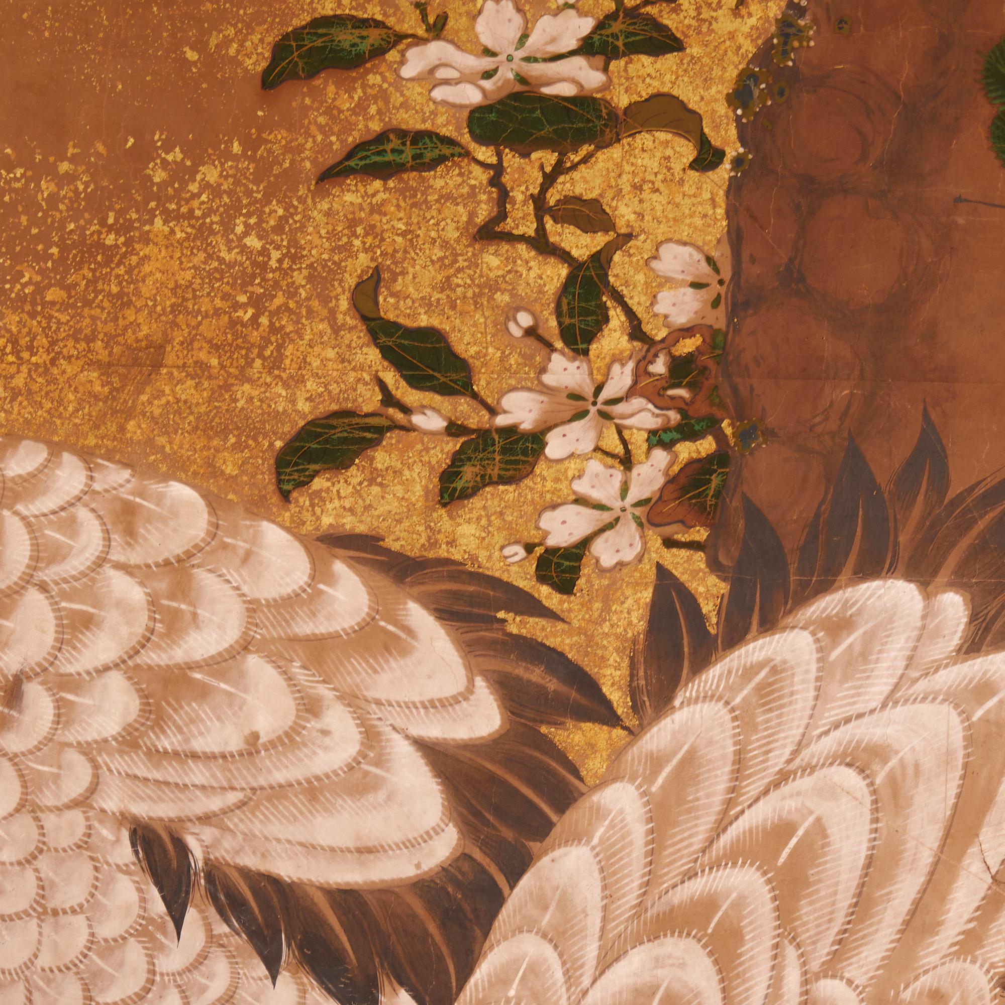 Japanese Two-Panel Screen: Cranes on Gold For Sale 1