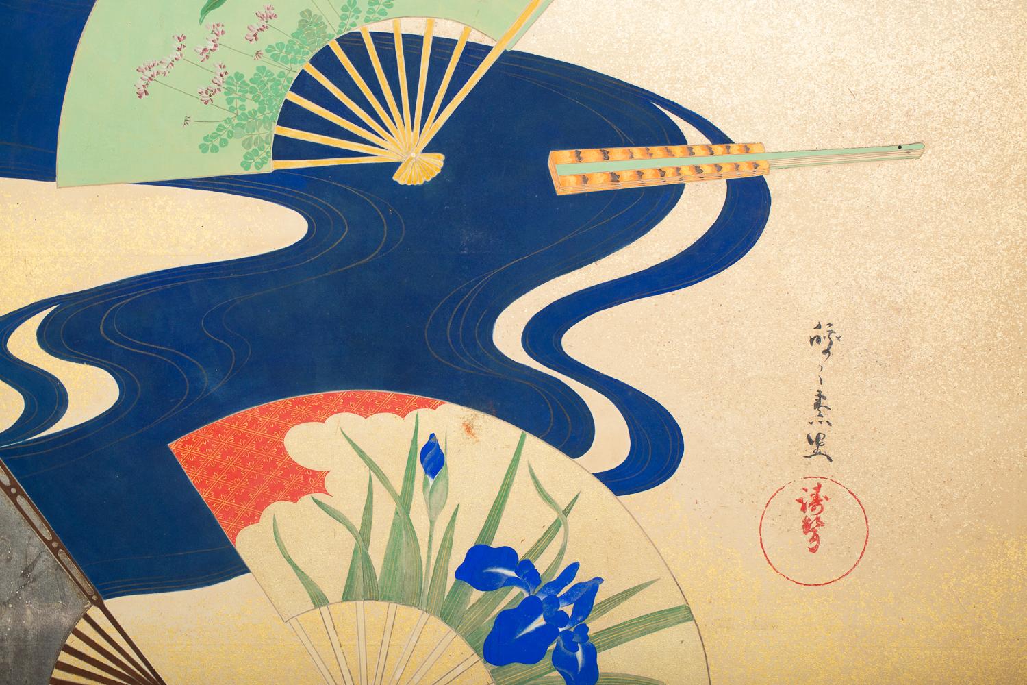 Japanese two-panel screen, deco landscape with river fans. Modern scene of a 12th century festival in Kyoto in which fans are sent down the Kamo River and caught downstream. Taisho (1912-1926) period painting in Rimpa School style. Signature reads: