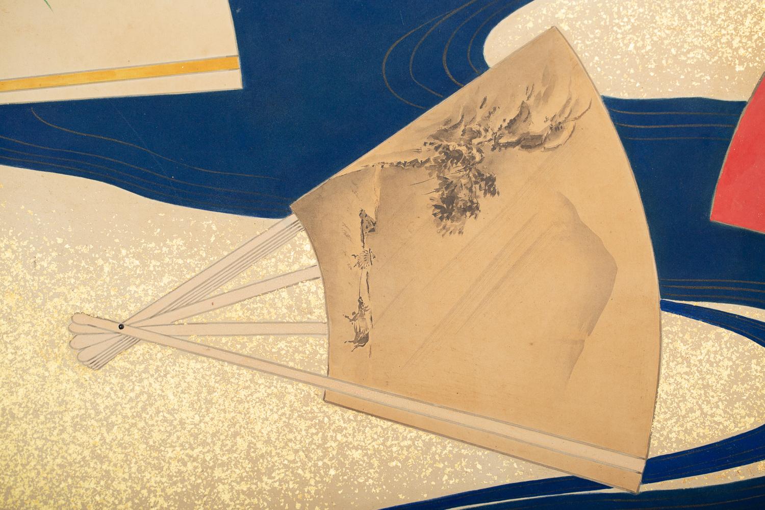 Gold Leaf Japanese Two-Panel Screen, Deco Landscape with River Fans For Sale