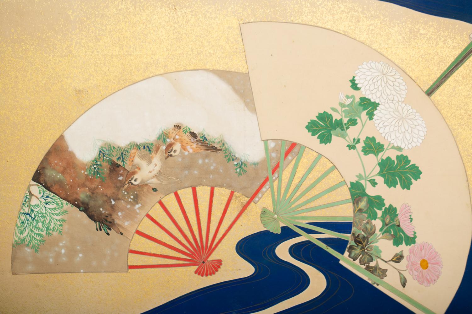 Japanese Two-Panel Screen, Deco Landscape with River Fans For Sale 2