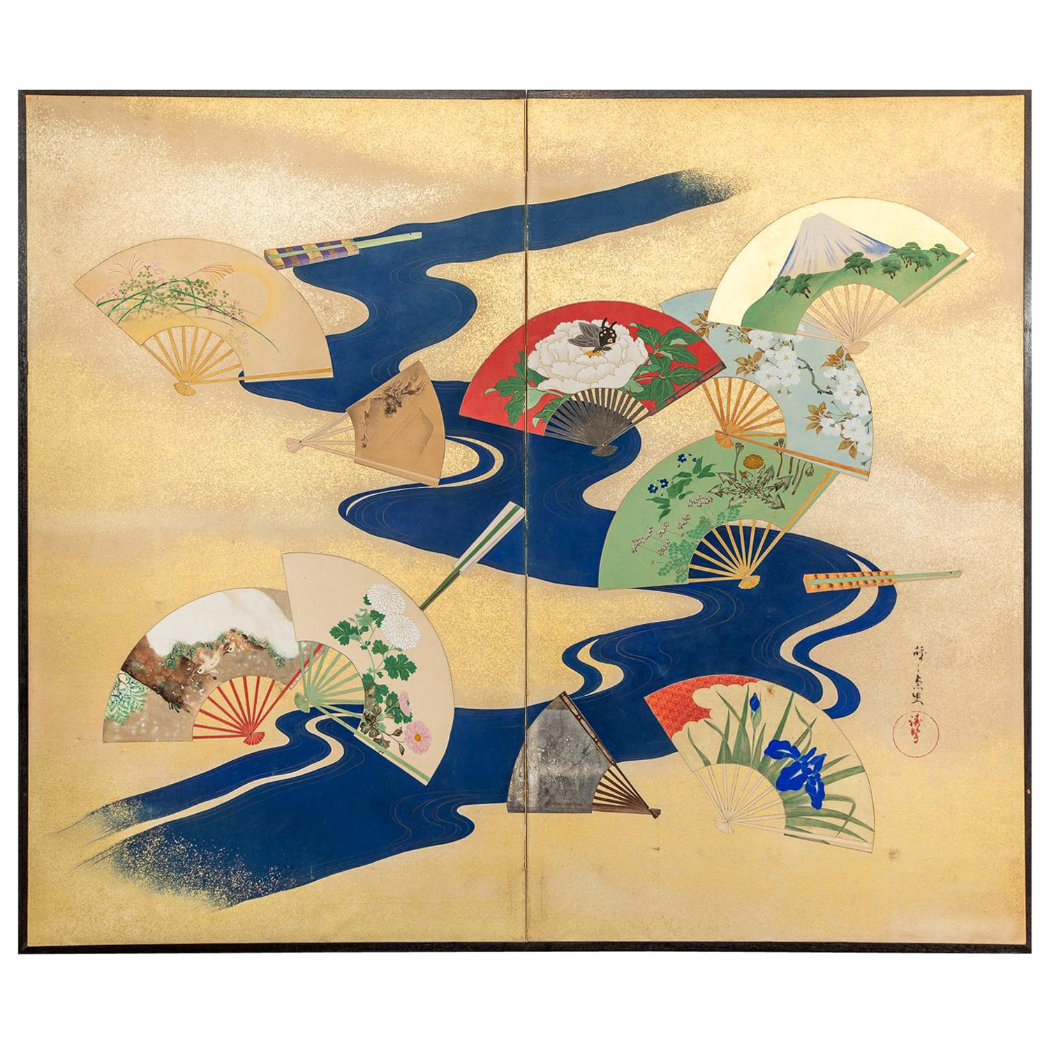 Japanese Two-Panel Screen, Deco Landscape with River Fans For Sale