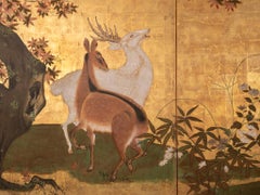 Japanese Two Panel Screen: Deer in Autumn Landscape