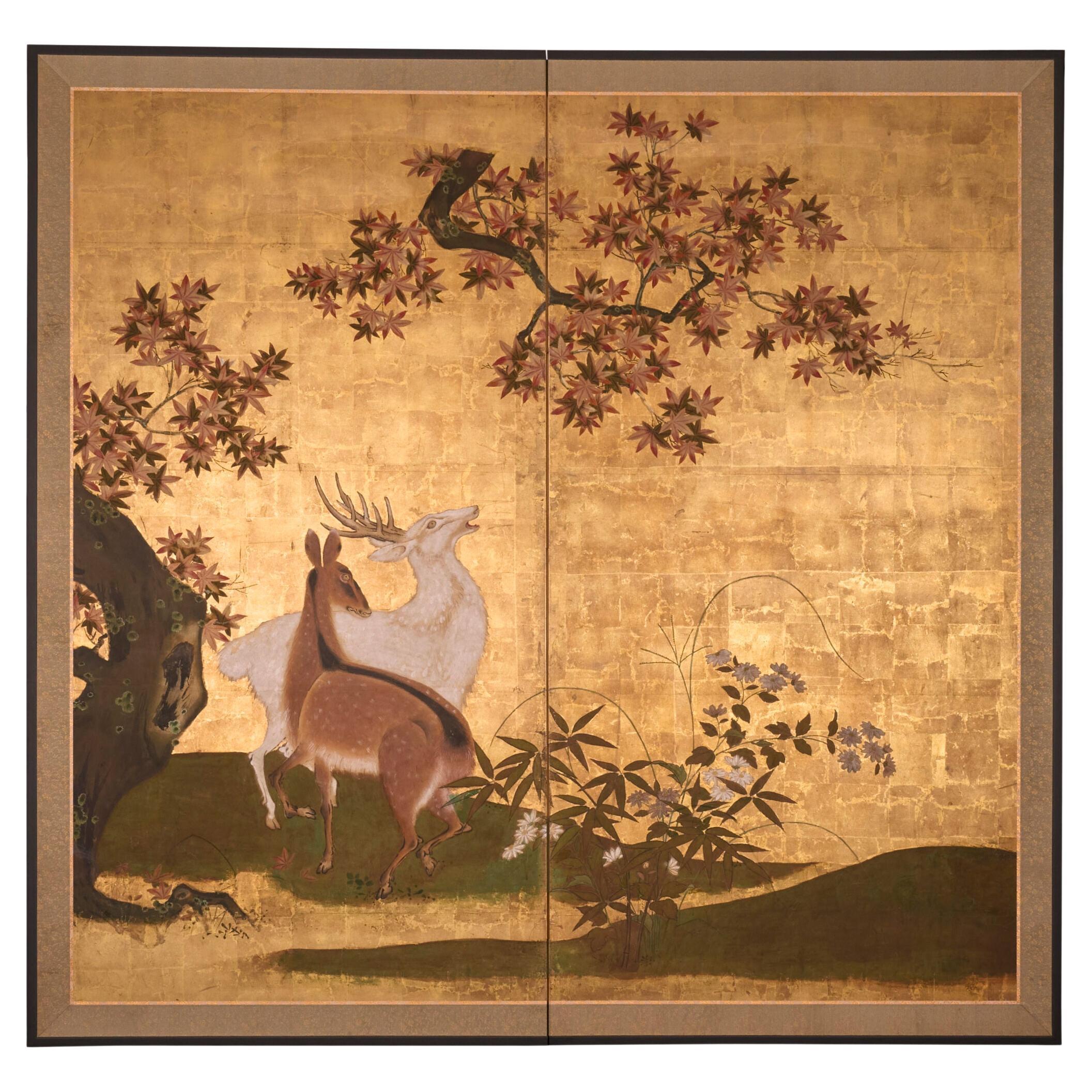 Japanese Two Panel Screen: Deer in Autumn Landscape For Sale