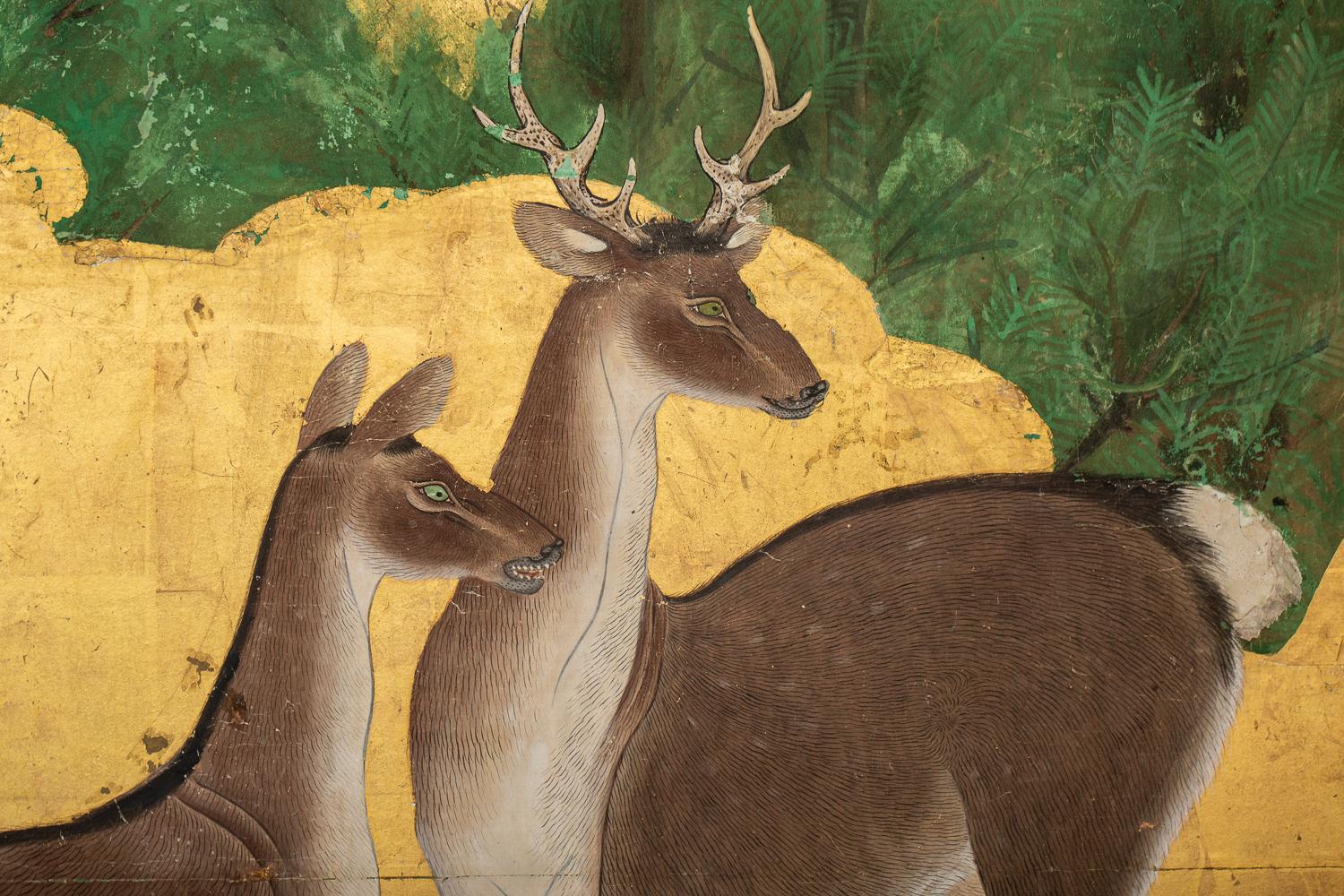 Edo Japanese Two-Panel Screen, Deer in Cedar Landscape For Sale