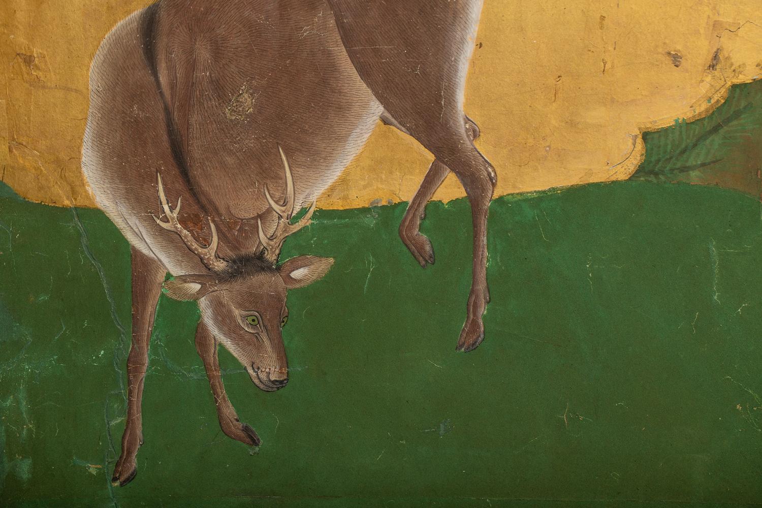 Gold Japanese Two-Panel Screen, Deer in Cedar Landscape For Sale
