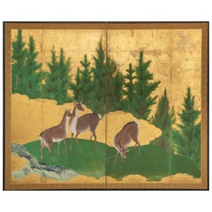 Antique Japanese Two-Panel Screen, Deer in Cedar Landscape