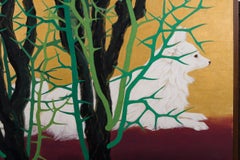 Japanese Two-Panel Screen Dog Resting Beside a Thorny Hedge