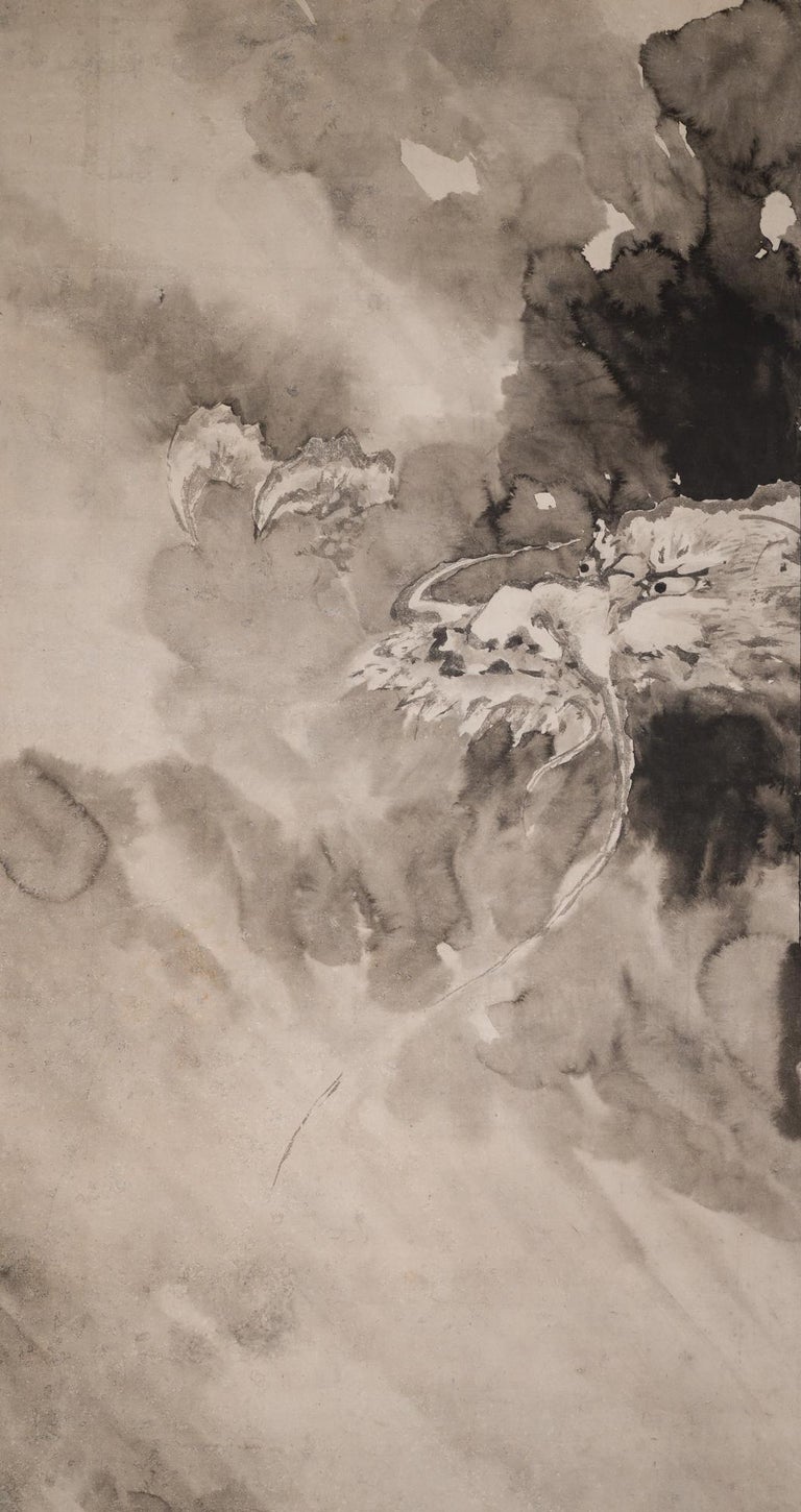 Ink (Sumi) on paper. Signature and Seal read: Kishi Ganku It is backed with paper covered in gold and silver flake. Kishi Ganku (1749 or 1756-1839) was the Edo period founder of the popular Kishi school of painting. Born in Kanazawa, Ishikawa