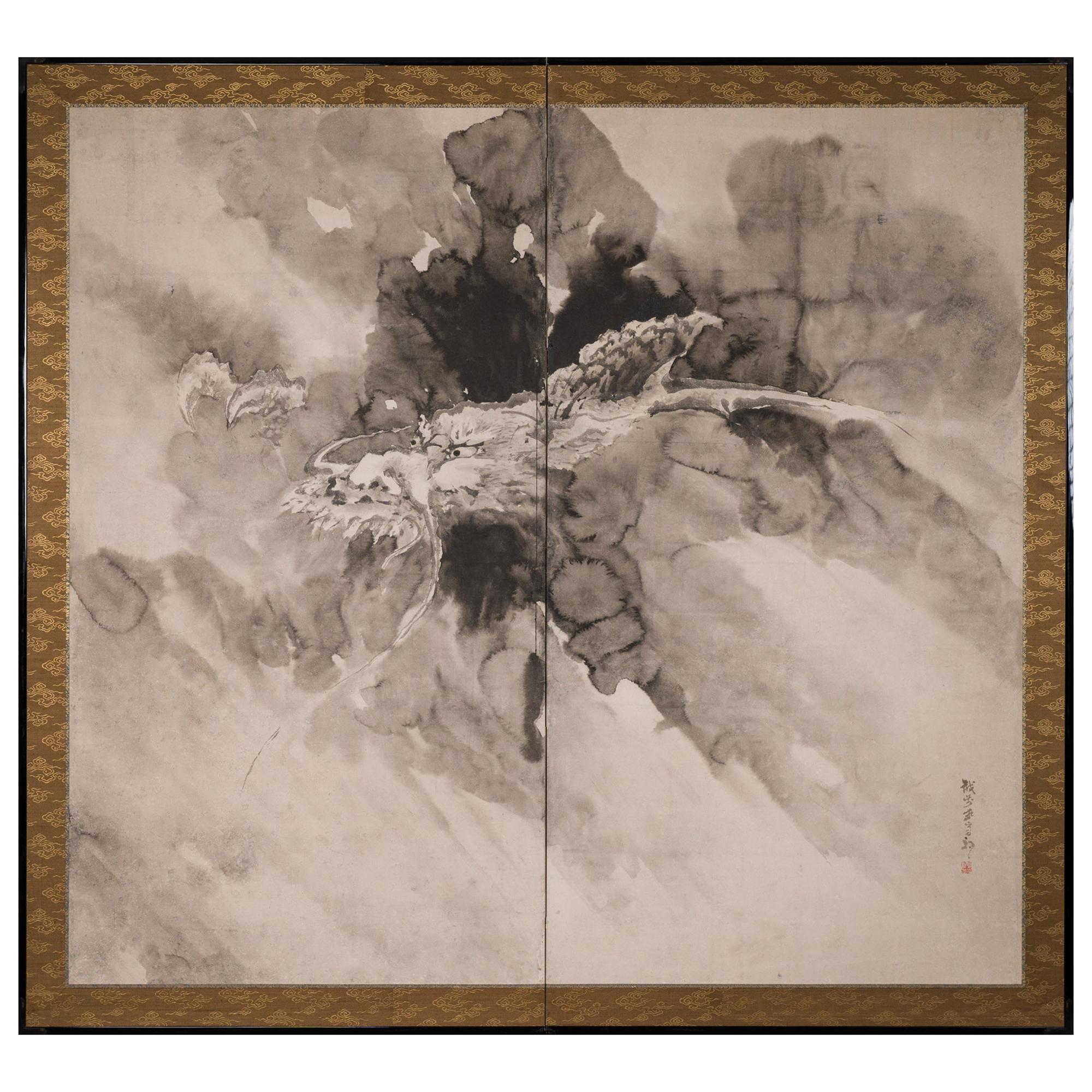 Japanese Two Panel Screen Dragon in the Mist
