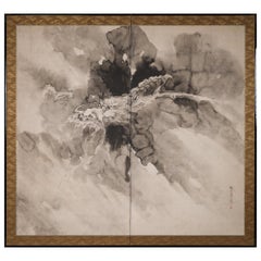 Vintage Japanese Two Panel Screen Dragon in the Mist