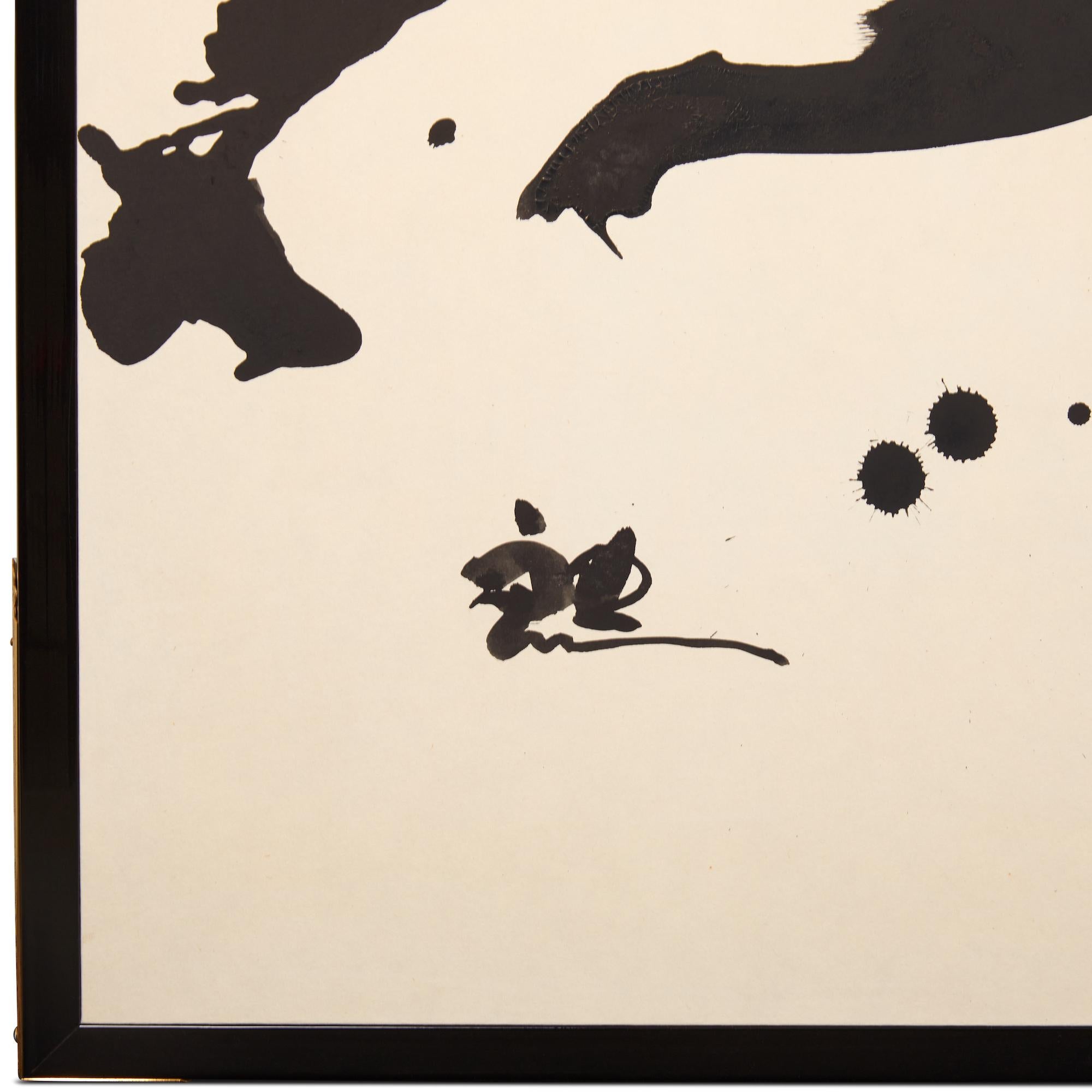 Sumi ink on Mulberry paper, with black lacquer trim and gilded bronze hardware. Signature reads: Suzuki Goro.
