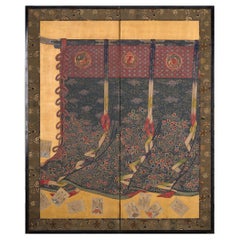 Japanese Two Panel Screen Draped Cloth Curtains with Scattered Playing Cards