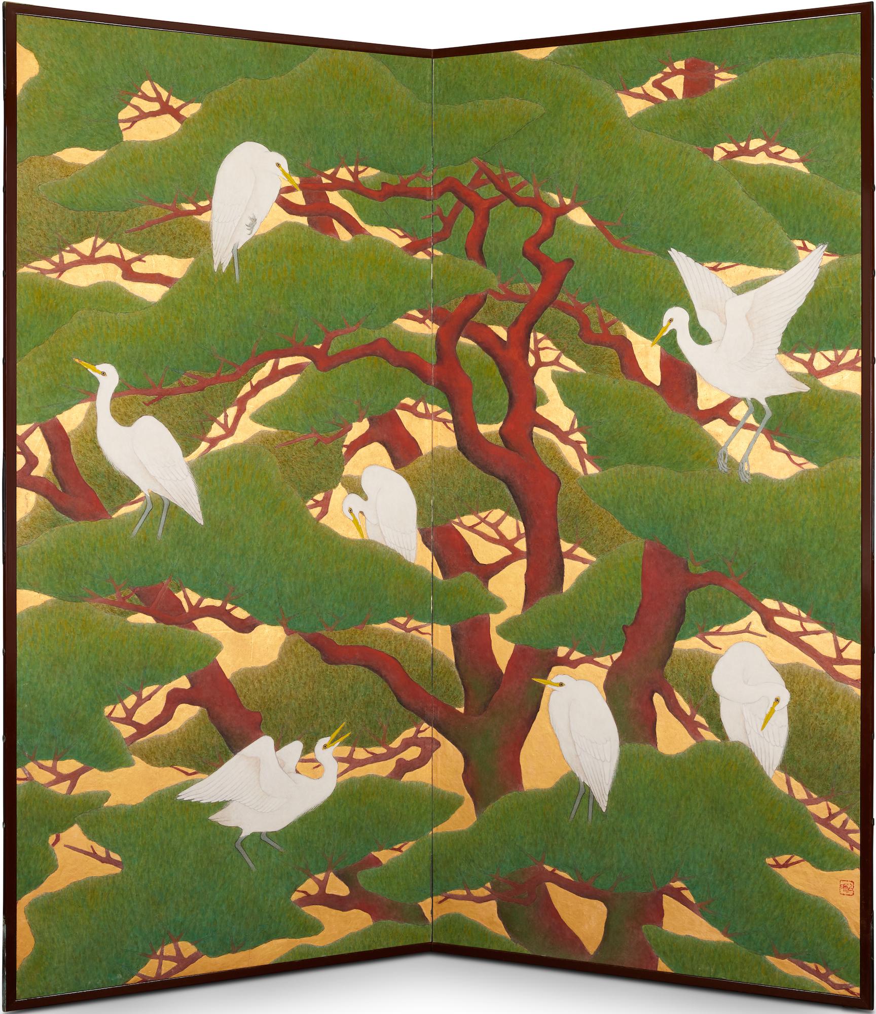 Japanese Two-Panel Screen: Egrets in Japanese Red Pine with Gold Ground For Sale 4