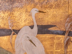 Japanese Two Panel Screen: Egrets on Rivers Edge
