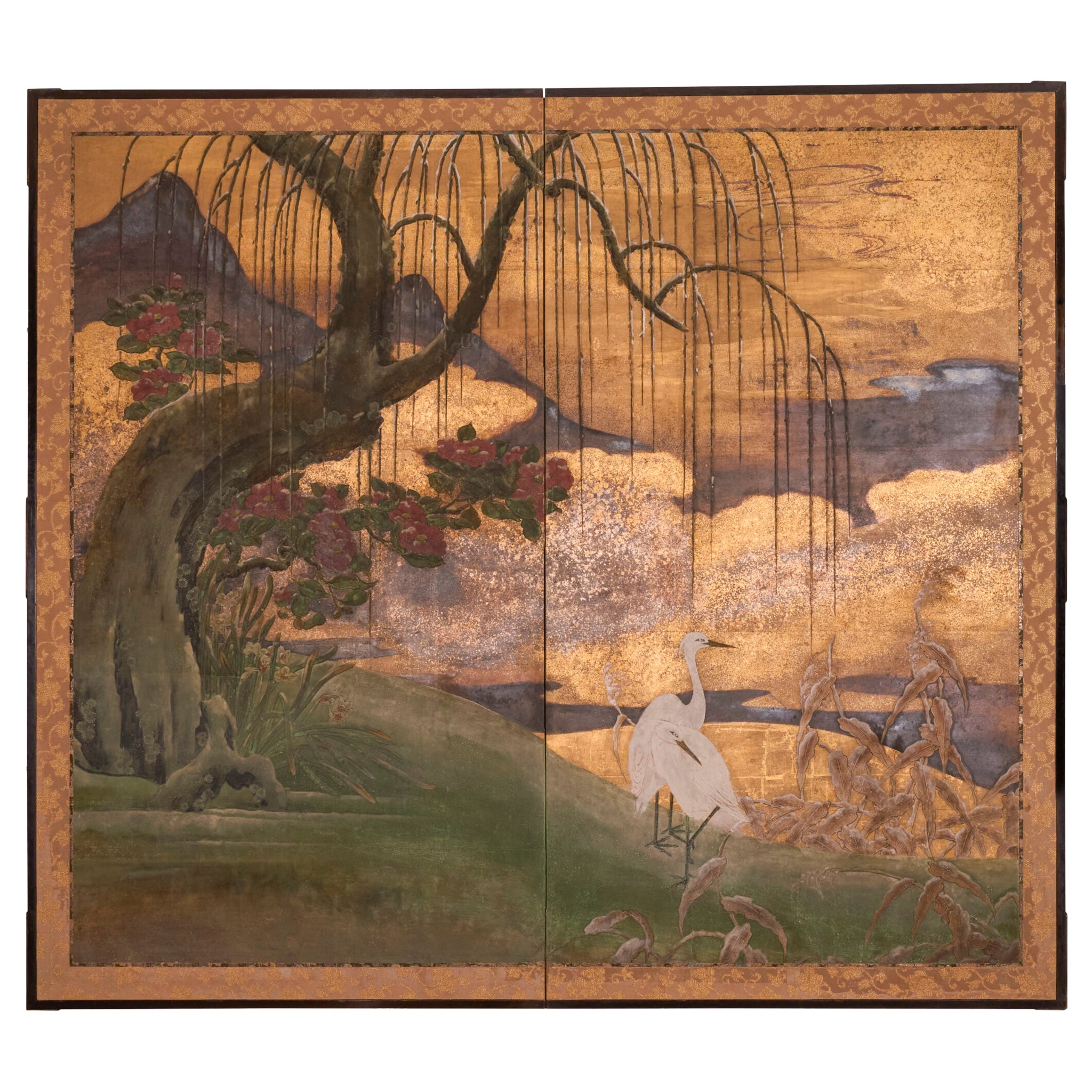 Paravento giapponese a due pannelli: Egrette sul bordo del fiume in vendita