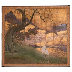 Japanese Two Panel Screen: Egrets on Rivers Edge