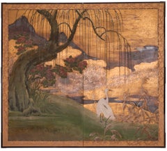 Japanese Two Panel Screen: Egrets on Rivers Edge
