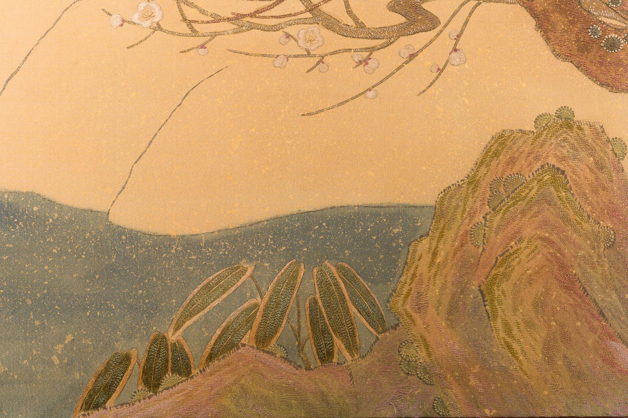 Japanese Two-Panel Screen, Embroidered Pine at Water's Edge 6