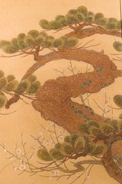 Japanese Two-Panel Screen, Embroidered Pine at Water's Edge