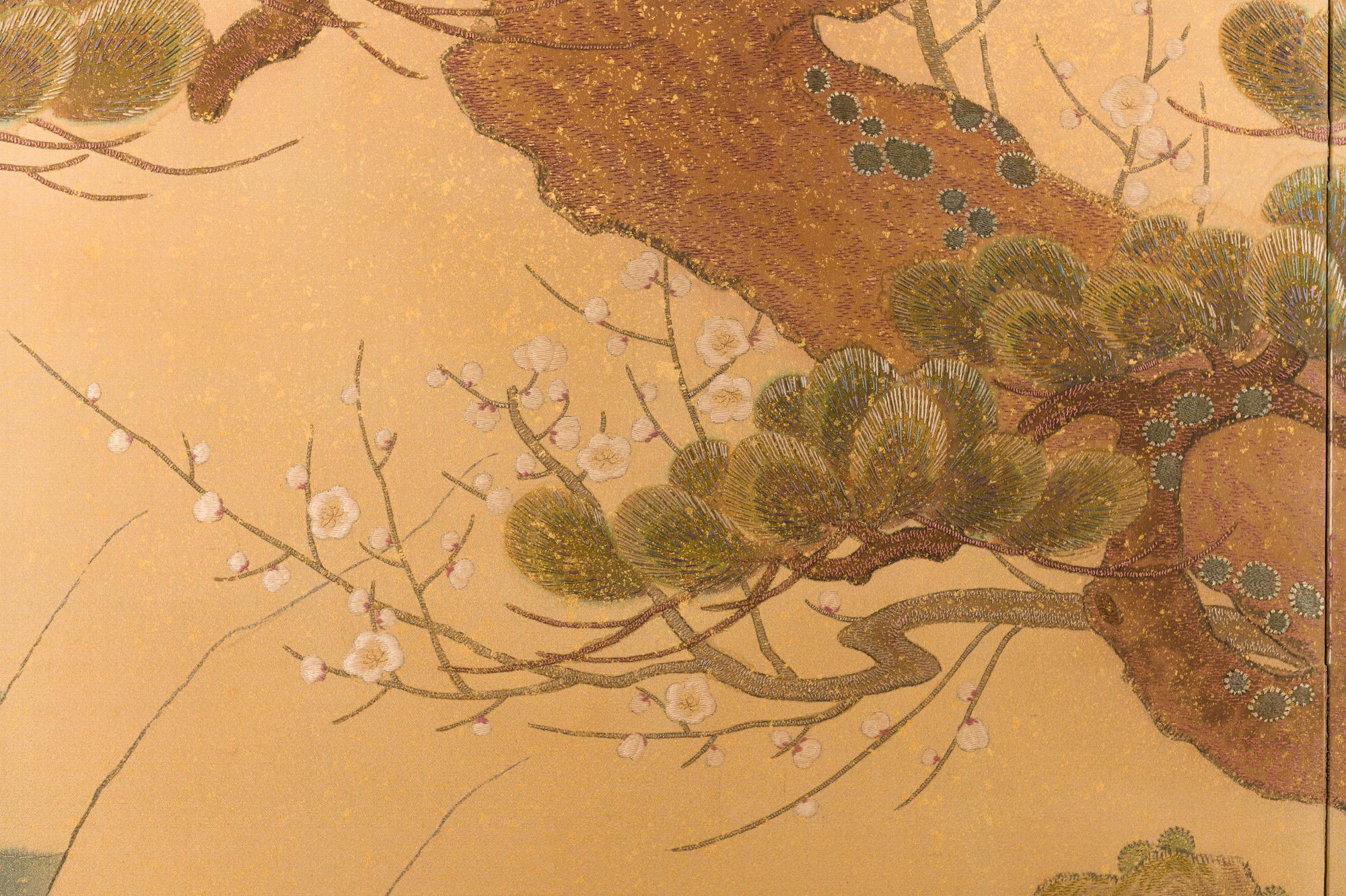 Showa Japanese Two-Panel Screen, Embroidered Pine at Water's Edge