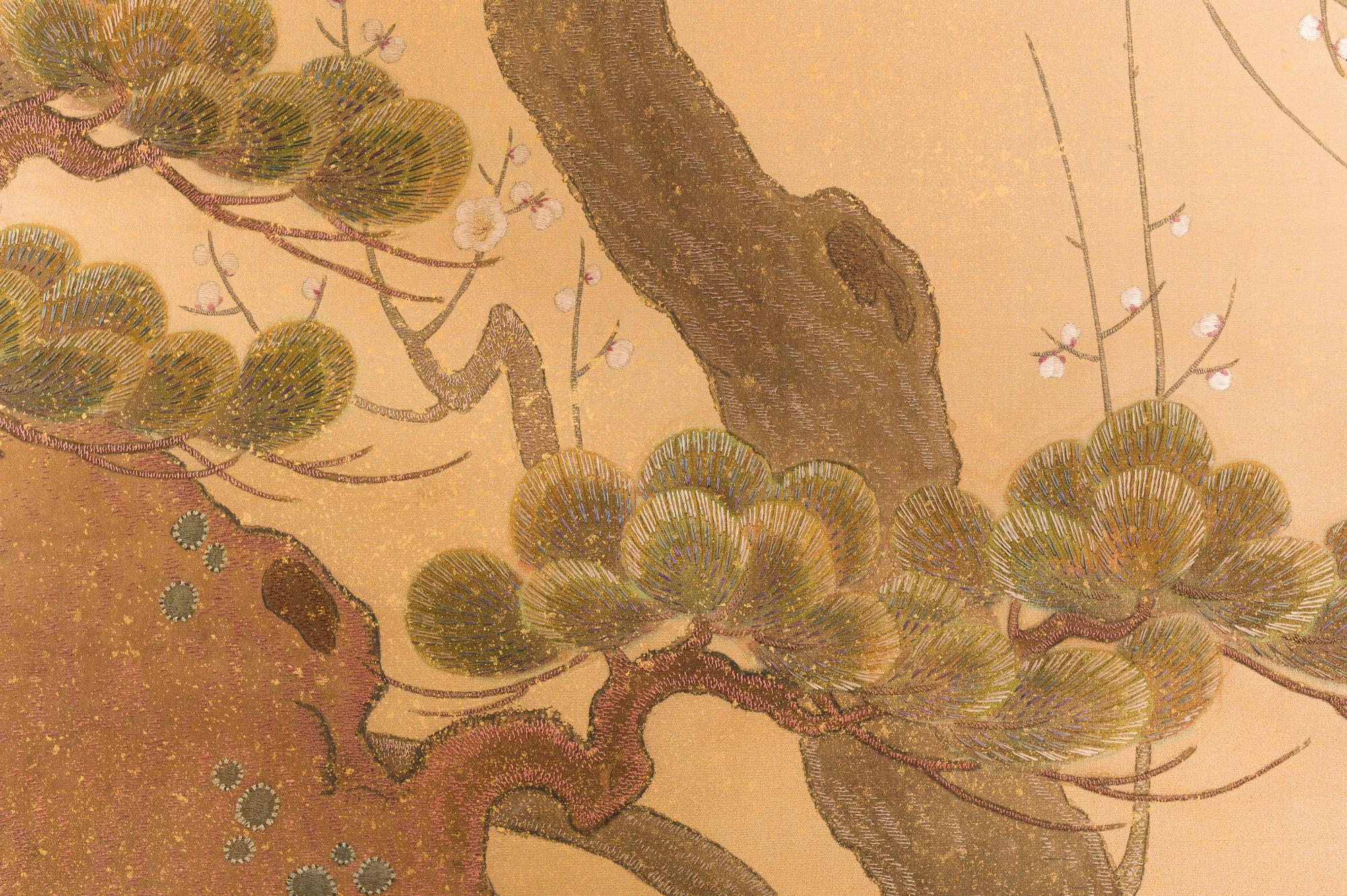 20th Century Japanese Two-Panel Screen, Embroidered Pine at Water's Edge