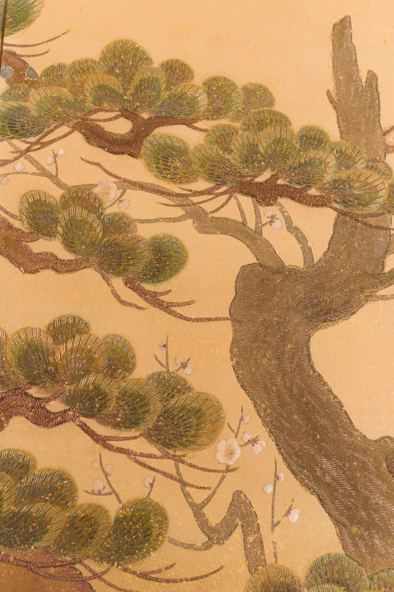 Gold Leaf Japanese Two-Panel Screen, Embroidered Pine at Water's Edge