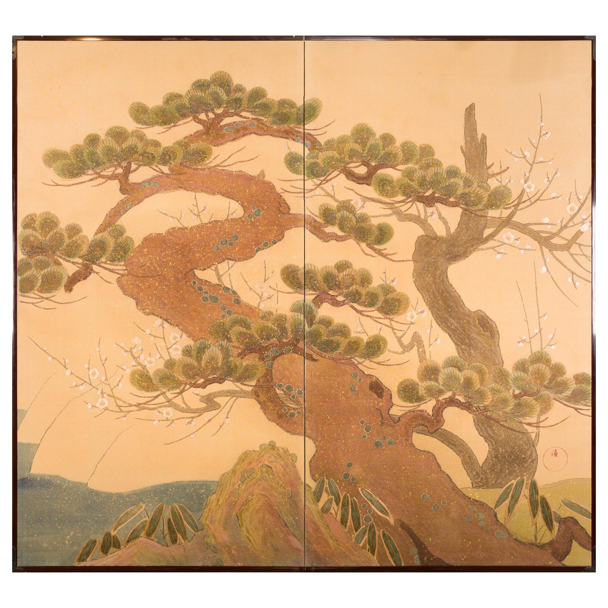 Japanese Two-Panel Screen, Embroidered Pine at Water's Edge
