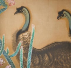 Japanese Two Panel Screen: Emu in Flowering Cactus