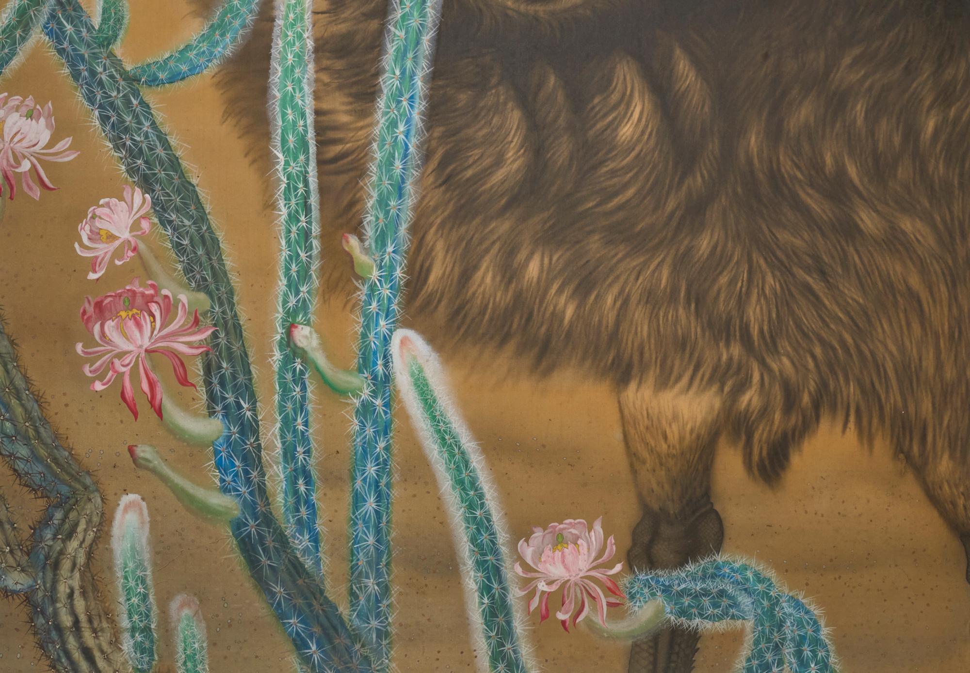 20ième siècle Paravent japonais à deux panneaux : Émeu dans un cactus en fleur en vente