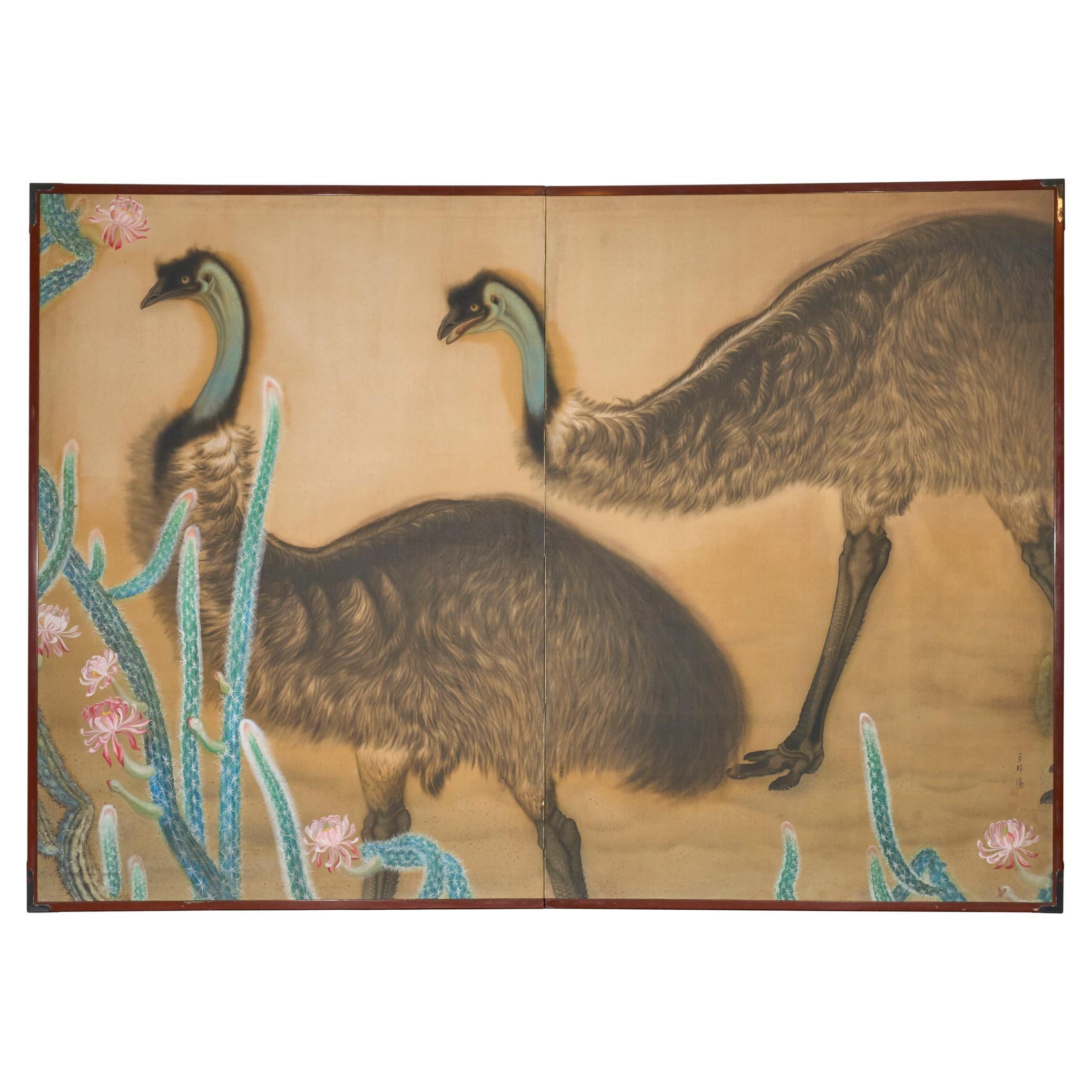 Paravent japonais à deux panneaux : Émeu dans un cactus en fleur en vente