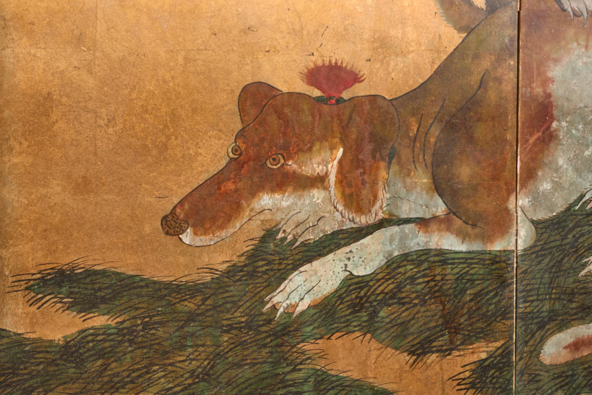 Japanese Two Panel Screen: European Hounds In Good Condition For Sale In Hudson, NY